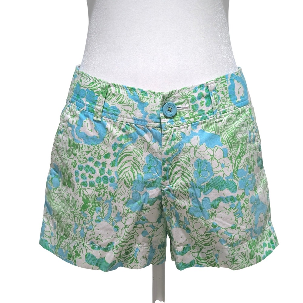 Lilly Pulitzer Callahan Shorts Size 0 Green Blue‎ Floral Tropical Cotton Chino